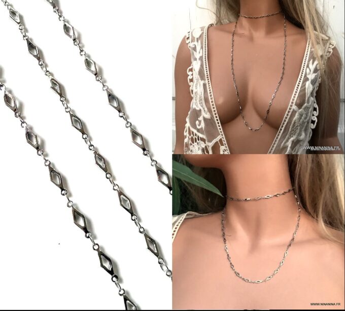N6712c Sautoir bohème chic losange acier argenté - Bijoux Colliers en ligne Ninanina