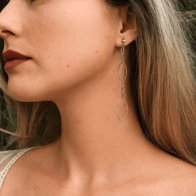 N6718 Boucles d'oreilles longues pendantes en acier inoxydable argenté - Style Géométrique Élancé - Bijoux d'oreille en ligne Ninanina