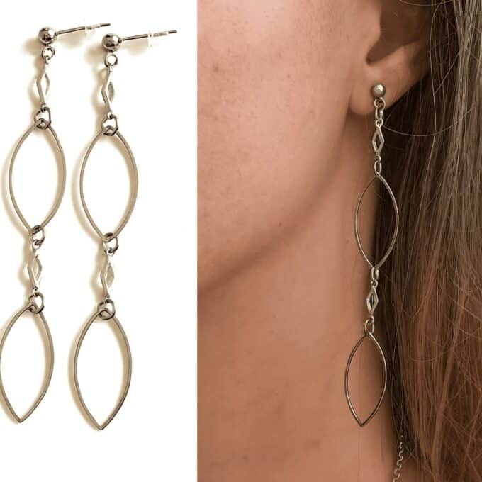 N6718b Boucles d'oreilles longues pendantes en acier inoxydable argenté - Style Géométrique Élancé - Bijoux d'oreille en ligne Ninanina