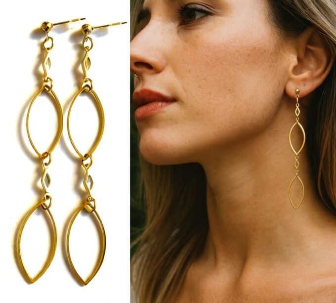 N6721 Boucles d'oreilles dorées longues pendantes - Ovale Géométrique Acier doré - Bijoux boucles d'oreille en ligne Ninanina