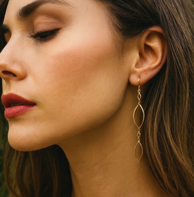 N6721c Boucles d'oreilles dorées longues pendantes - Ovale Géométrique Acier doré - Bijoux boucles d'oreille en ligne Ninanina