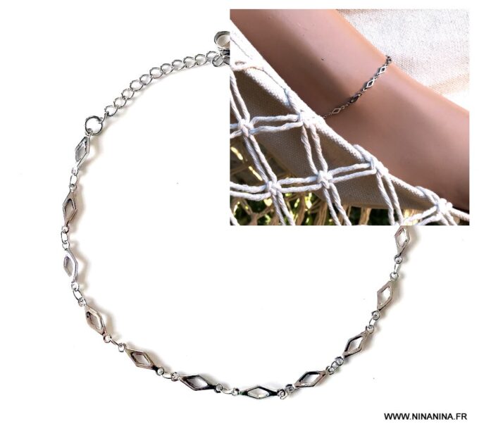 N6722a Bracelet cheville fantaisie losange acier inoxydable argenté - Bijoux Chaines en ligne Ninanina