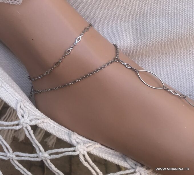 N6722f Bracelet cheville fantaisie losange acier inoxydable argenté - Bijoux Chaines en ligne Ninanina