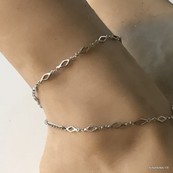 N6722h Bracelet cheville fantaisie losange acier inoxydable argenté - Bijoux Chaines en ligne Ninanina