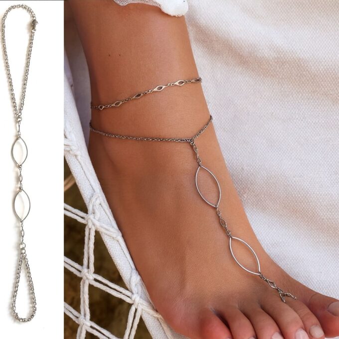 N6723 Chaine au pied femme boheme losange Acier inoxydable argenté artisanale - Bijoux de pieds en ligne Ninanina