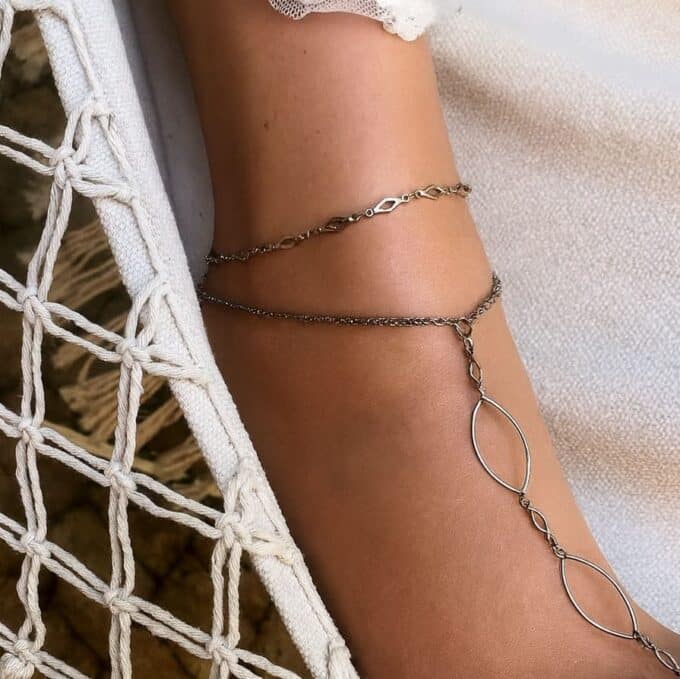 N6723c Chaine au pied femme boheme losange Acier inoxydable argenté artisanale - Bijoux de pieds en ligne Ninanina