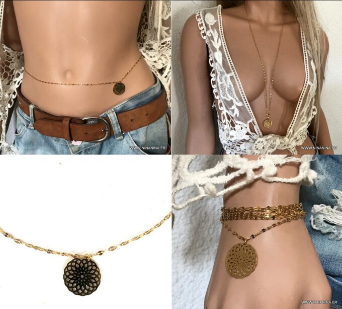 N6732c Collier long Sautoir doré femme Acier inoxydable plaqué or - Bijoux Colliers en ligne Ninanina