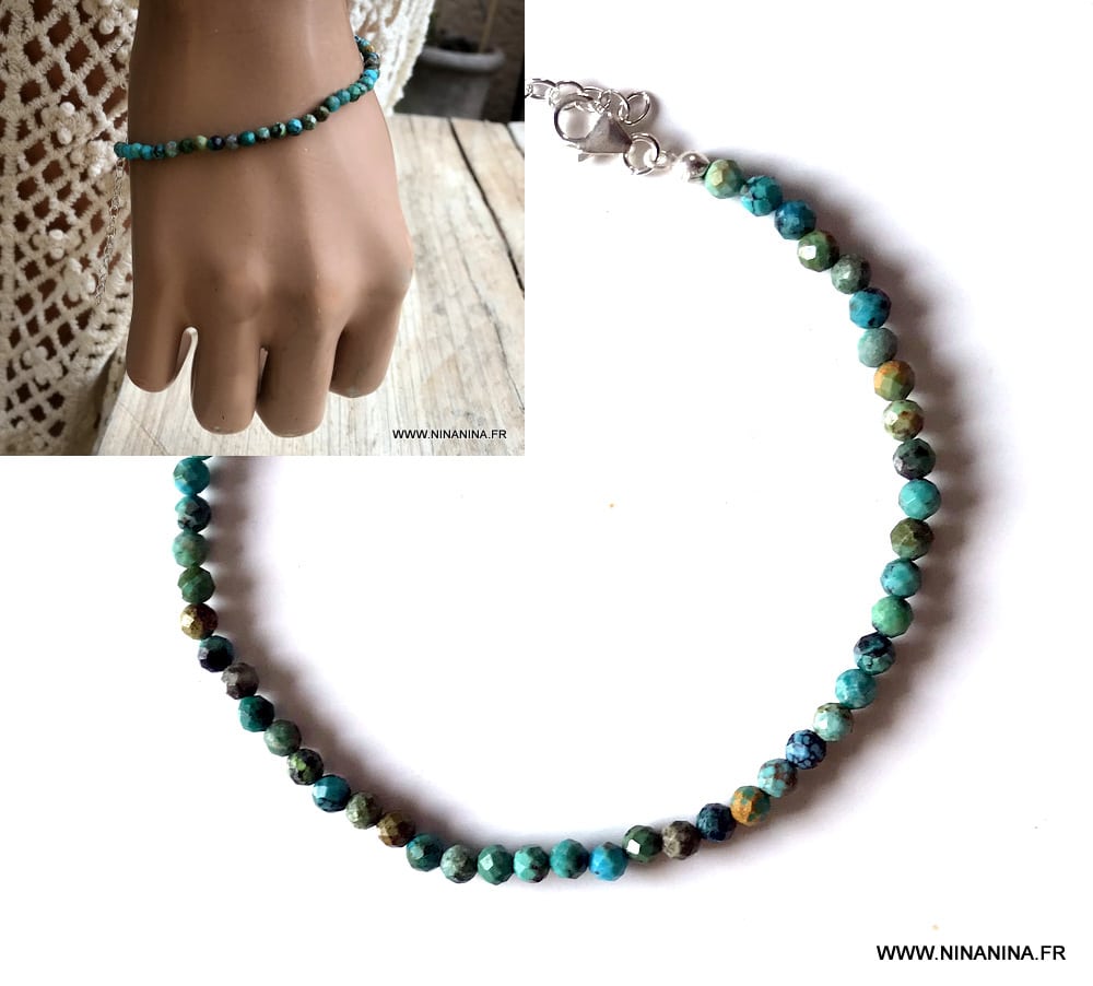 Bracelet cheville bleu turquoise naturelle argent femme - Ninanina