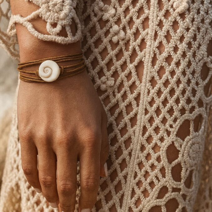 N6742a Bracelet cordon oeil de sainte lucie porte bonheur fait main en france - Bijoux Bracelets coquillages en loigne Ninanina