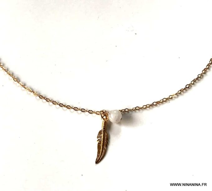 N6752c Chaine tour de taille plaqué or plume et pierre de lune - Bijoux Chaines en ligne Ninanina