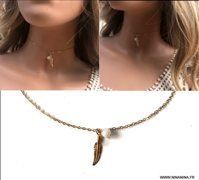 N6753a Ras du cou plaqué or plume et pierre de lune - Bijoux Colliers en ligne Ninanina