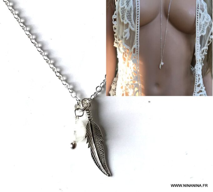 N6755a Sautoir plume Argent et pierre de lune pour femme - Bijoux Colliers en ligne Ninanina