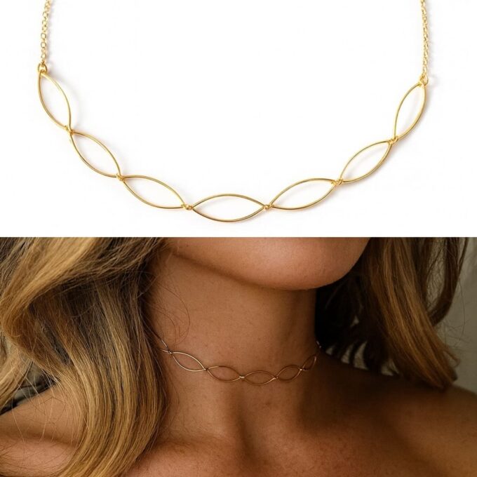 N6749c Collier ras de cou acier doré artisanal - motif losange pour femme - Bijoux Colliers en ligne Ninanina