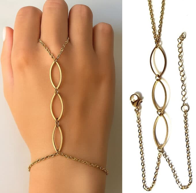 N6750 Bague bracelet plaqué or sur acier - chaine de main femme artisanale - Bijoux Bracelets en ligne Ninanina