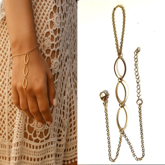 N6750a Bague bracelet plaqué or sur acier - chaine de main femme artisanale - Bijoux Bracelets en ligne Ninanina