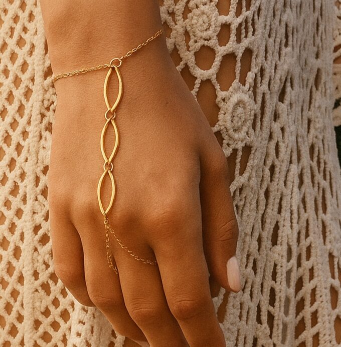 N6750b Bague bracelet plaqué or sur acier - chaine de main femme artisanale - Bijoux Bracelets en ligne Ninanina