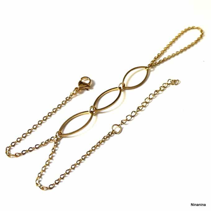 N6750c Bague bracelet plaqué or sur acier - chaine de main femme artisanale - Bijoux Bracelets en ligne Ninanina