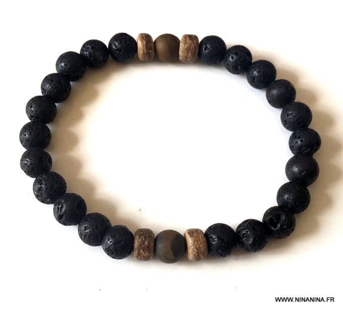 N6761b Bracelet homme pierre de lave oeil de tigre elastique - Bijoux Bracelets en ligne Ninanina