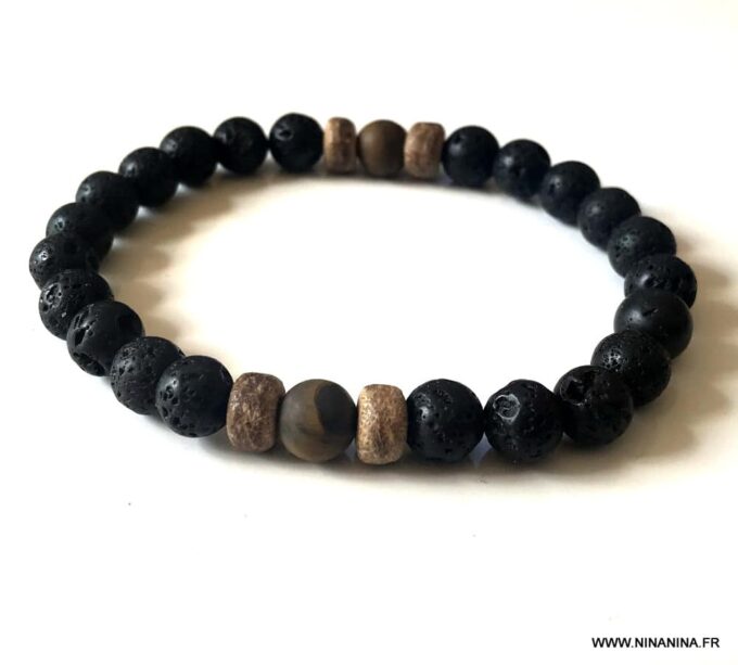 N6761f Bracelet homme pierre de lave oeil de tigre elastique - Bijoux Bracelets en ligne Ninanina