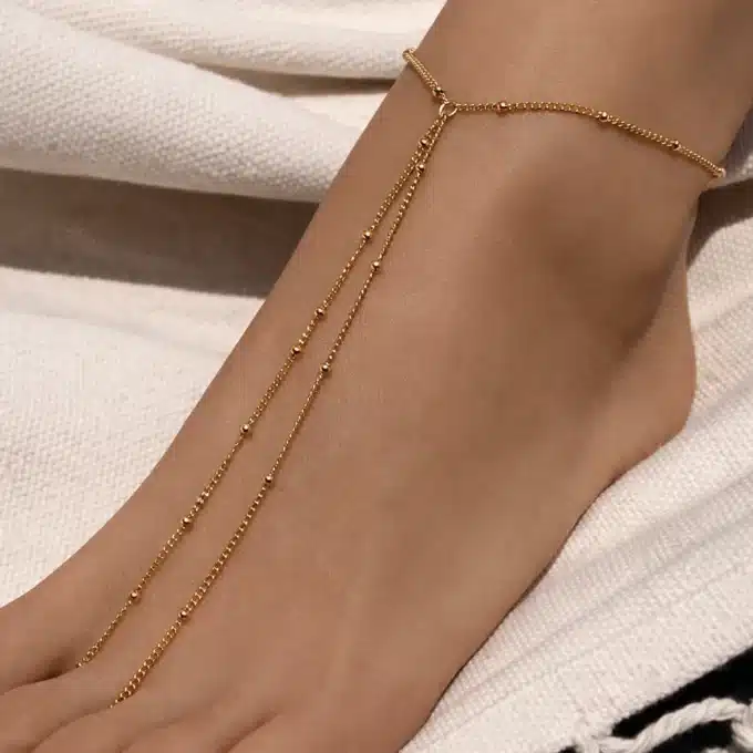 N6765 Bracelet pour Pied Femme Or Artisanal - Chainette Maille Satellite en Acier Doré - Bijoux de pieds estivals en ligne Ninanina