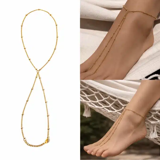 N6765c Bracelet pour Pied Femme Or Artisanal - Chainette Maille Satellite en Acier Doré - Bijoux de pieds estivals en ligne Ninanina