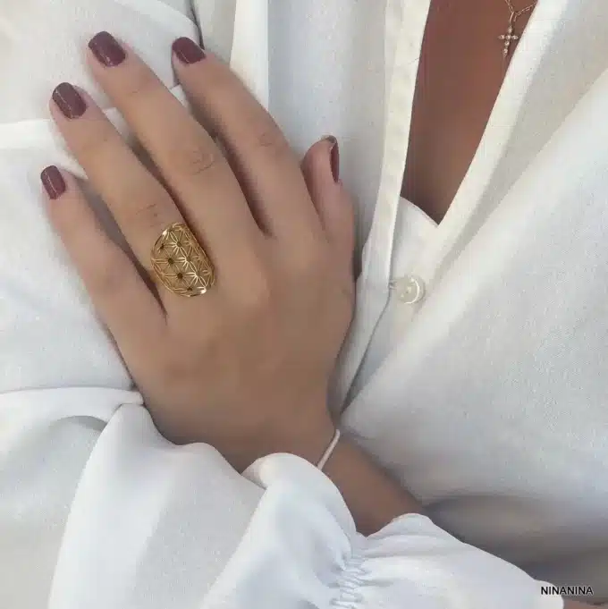 N6778a Bague fleur de vie Acier doré ajustable femme - Bijoux Bagues Femmes en ligne Ninanina