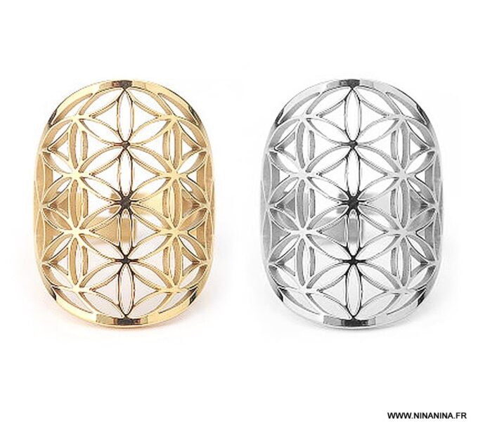 N6778a Bague fleur de vie femme acier doré - Bijoux Bagues en ligne Ninanina