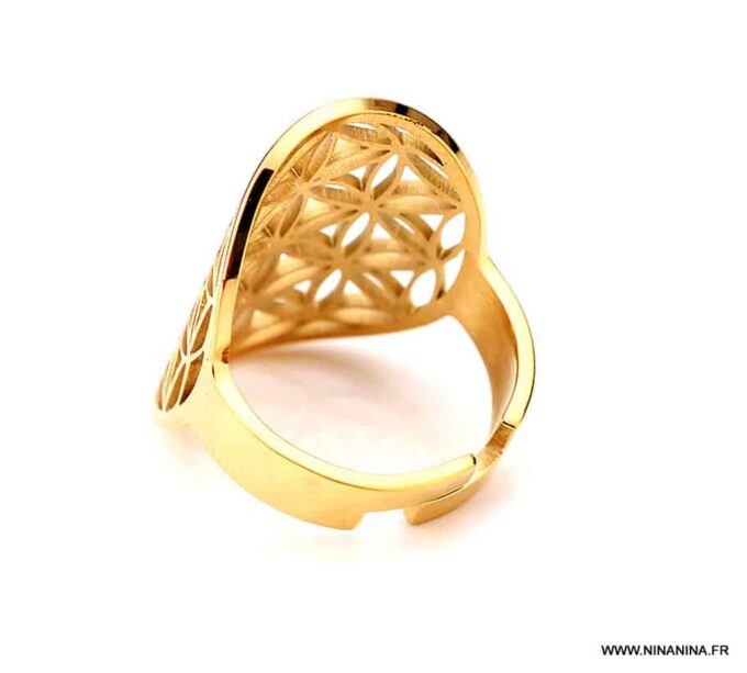 N6778B Bague fleur de vie femme acier doré - Bijoux Bagues en ligne Ninanina