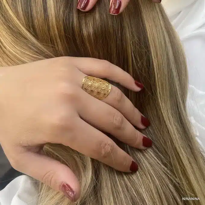 N6778d Bague fleur de vie Acier doré ajustable femme - Bijoux Bagues Femmes en ligne Ninanina