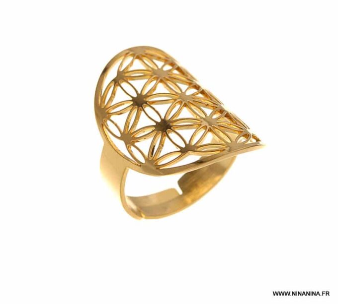 N6778f Bague fleur de vie femme acier doré - Bijoux Bagues en ligne Ninanina