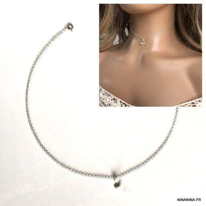 N6789h Ras de cou Swarovski pendentif goutte et Argent 925 pour femme - Bijoux Colliers en ligne Ninanina Zoom sur le ras de cou en argent sterling 925 avec pendentif goutte Swarovski - Bijou élégant et artisanal