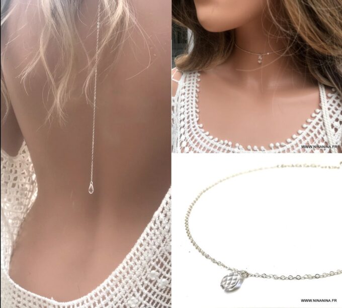 N6790a Collier de dos Swarovski et argent pendentif goutte pour femme - Bijoux Colliers en ligne Ninanina