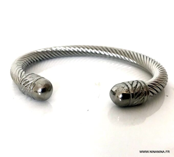 N6796b Bracelet homme tresse acier inoxydable argent jonc ouvert - Bijoux Bracelets en ligne Ninanina