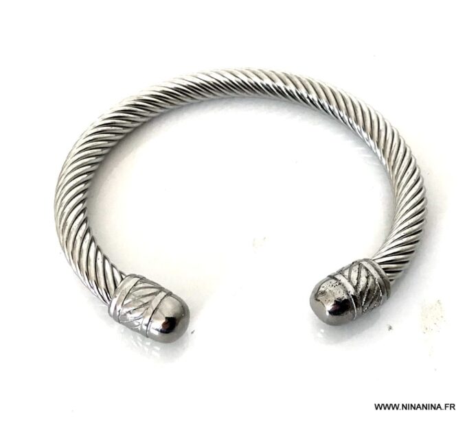 N6796d Bracelet homme tresse acier inoxydable argent jonc ouvert - Bijoux Bracelets en ligne Ninanina