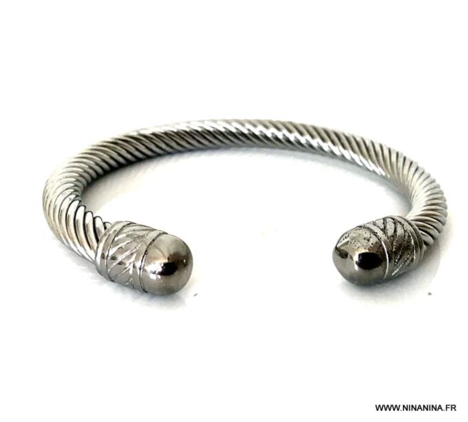 N6796f Bracelet homme tresse acier inoxydable argent jonc ouvert - Bijoux Bracelets en ligne Ninanina