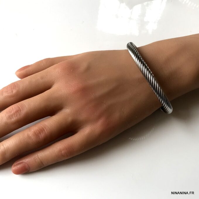 N6796I Bracelet homme tresse acier inoxydable argent jonc ouvert - Bijoux Bracelets en ligne Ninanina