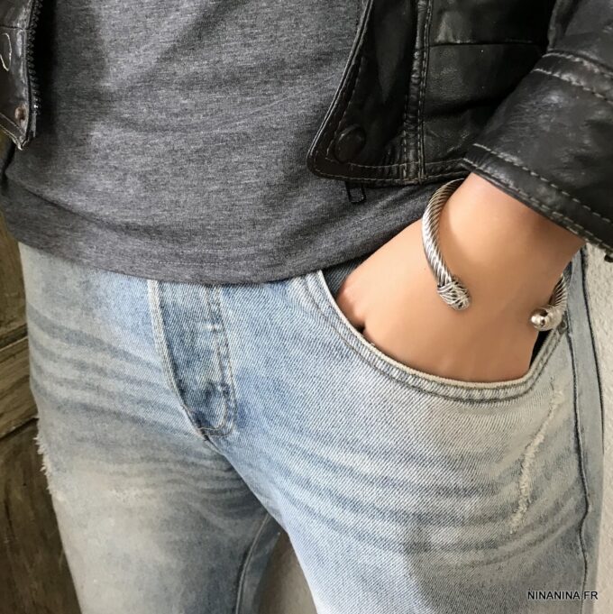 N6796K Bracelet homme tresse acier inoxydable argent jonc ouvert - Bijoux Bracelets en ligne Ninanina