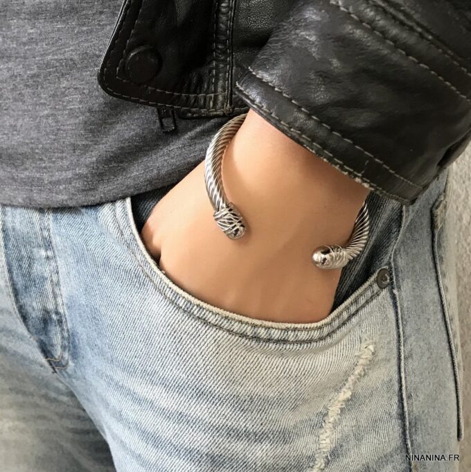 N6796M Bracelet homme tresse acier inoxydable argent jonc ouvert - Bijoux Bracelets en ligne Ninanina