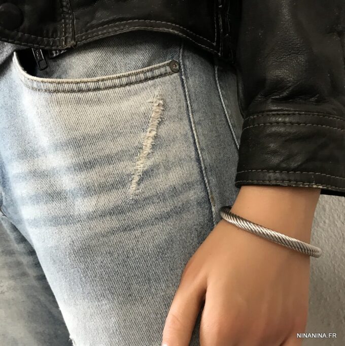 N6796N Bracelet homme tresse acier inoxydable argent jonc ouvert - Bijoux Bracelets en ligne Ninanina