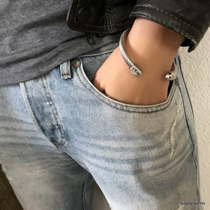 N6796P Bracelet homme tresse acier inoxydable argent jonc ouvert - Bijoux Bracelets en ligne Ninanina