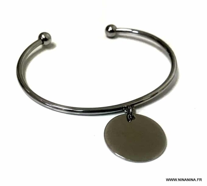N6797b Jonc Acier avec médaille lisse pour femme - Bijoux Bracelets en ligne Ninanina
