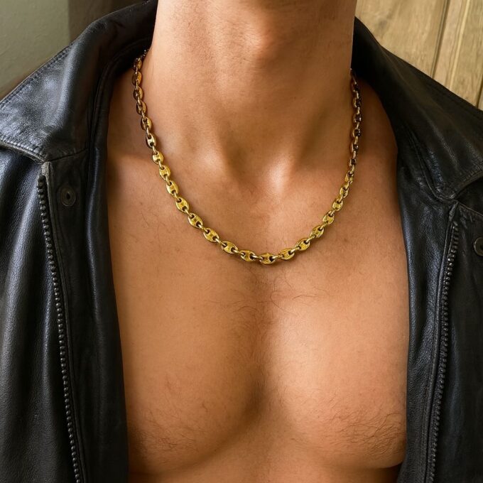 N6575 Chaine grain de café or plaqué homme gros maillons faite main en France - Bijoux Colliers en ligne Ninanina