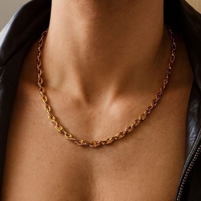 N6575b Chaine grain de café or plaqué homme gros maillons faite main en France - Bijoux Colliers en ligne Ninanina