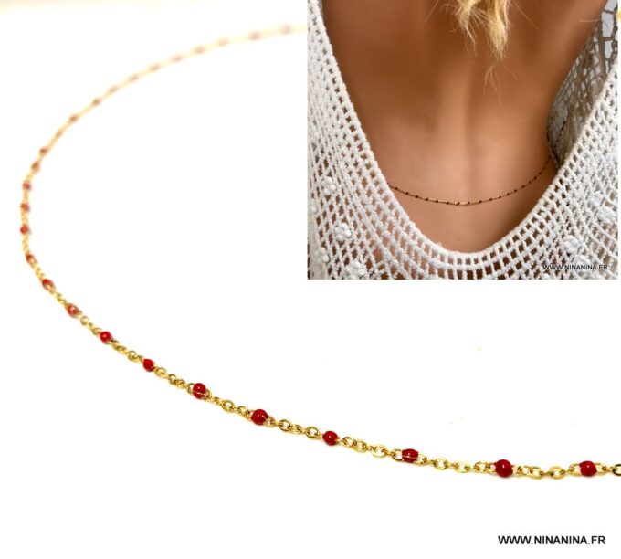 N6803a Chaine de taille perles rouges émaillées sur acier doré - Bijoux Chaines en ligne Ninanina