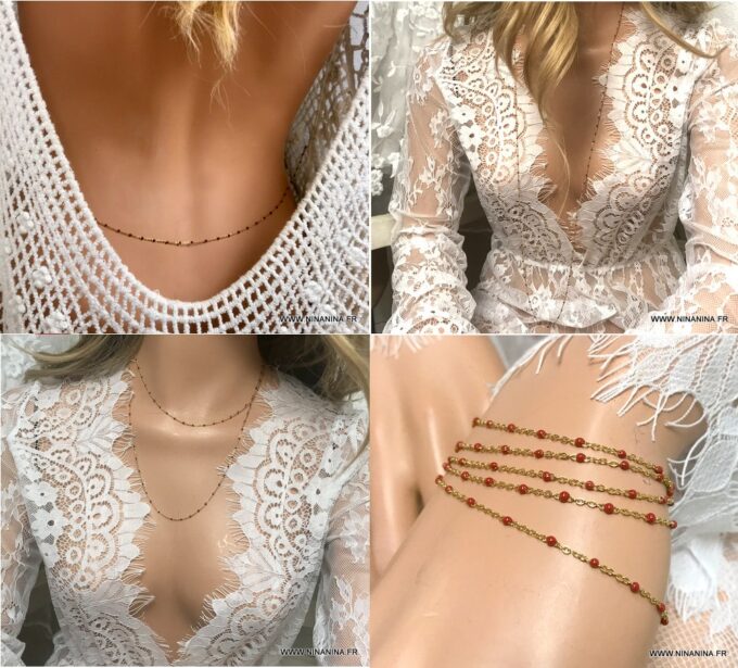 N6803b Chaine de taille perles rouges émaillées sur acier doré - Bijoux Chaines en ligne Ninanina
