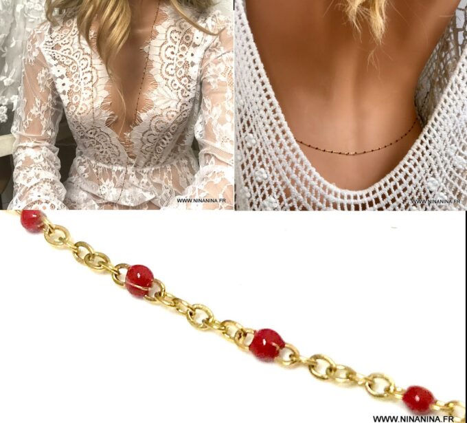N6803c Chaine de taille perles rouges émaillées sur acier doré - Bijoux Chaines en ligne Ninanina
