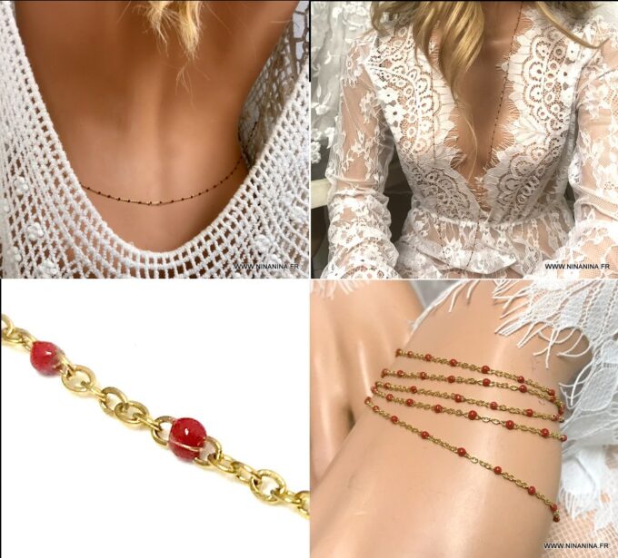 N6803e Chaine de taille perles rouges émaillées sur acier doré - Bijoux Chaines en ligne Ninanina862-001AV