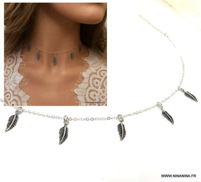 N6805a Collier Ras de Cou Femme en Argent 925 avec Charms Plumes – Bijou Artisanal Made in France - Bijoux Colliers boheme chic en ligne Ninanina