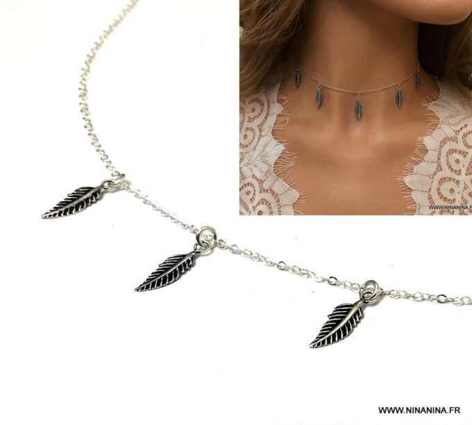 N6805c Collier Ras de Cou Femme en Argent 925 avec Charms Plumes – Bijou Artisanal Made in France - Bijoux Colliers boheme chic en ligne Ninanina