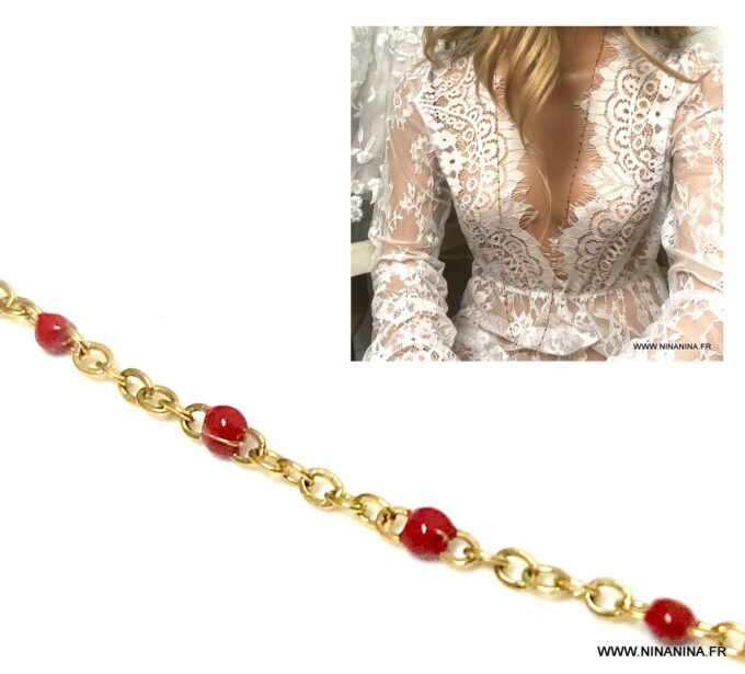 N6806a Collier sautoir perles rouges minimaliste en acier doré - Bijoux Colliers en ligne Ninanina